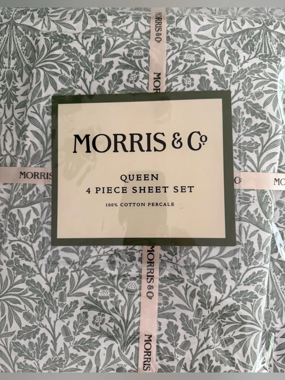 William Morris & Co Queen Sheet Set Green White Floral Tropical 100% Cotton NEW